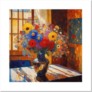 Colorful Bouquet of Flowers in a Gold Vase Posters and Art